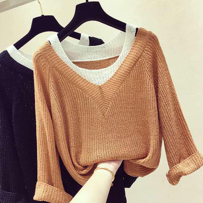 Women's Pullover Sweater Fake Two-piece Sexy Off-the-shoulder Sweater Women's Long-sleeved Loose Sweater Bottoming Top