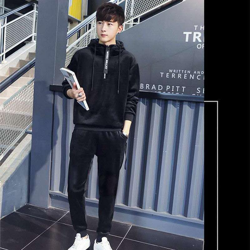 Gold Velvet Men's Sweater Suit Winter Fashion Hooded Plus Velvet Thick Korean Casual Sports Jacket