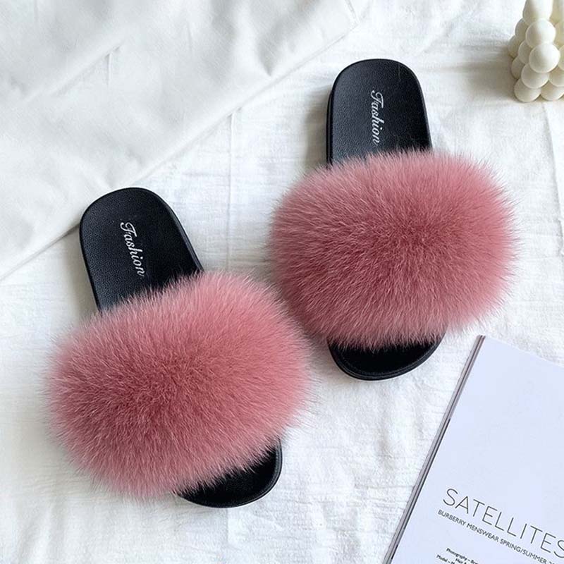 Furry Slippers for Women The Same Style In Summer Fashion Real Fox Fur Slippers Plus Size Female Sandals