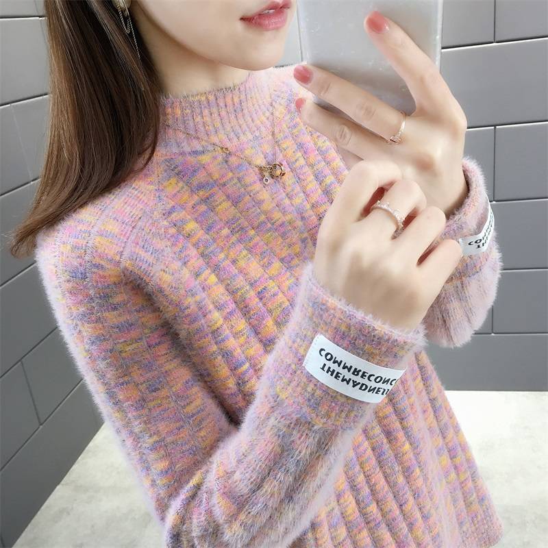 Autumn and Winter Half High Neck Mohair Base Shirt Thick Loose Pullover Young Women Wear Tops Inside and Outside