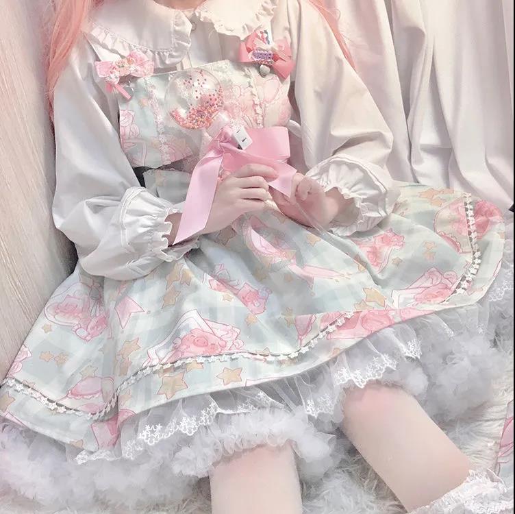 Kawaii Suspender Dress Harajuku Japanese Pastel Goth Print Dress Candy Print Pig Print Cute Lolita Dress Summer Dress DDLG Stars Tumblr Gift