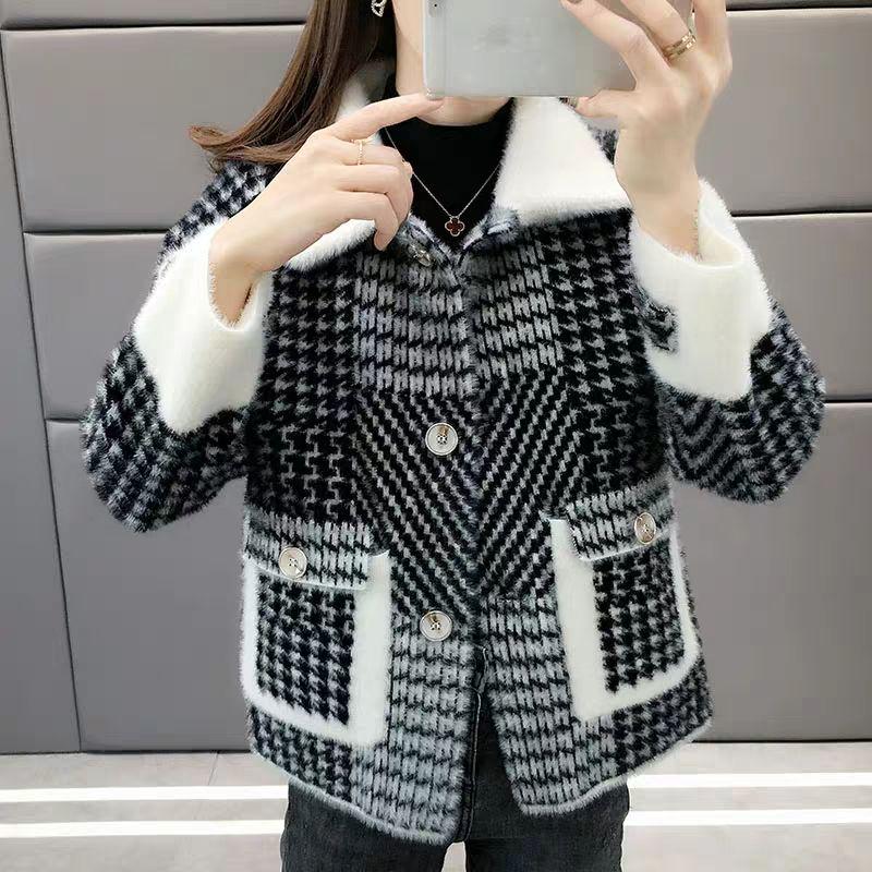 Autumn and Winter Korean Style Coat Loose Houndstooth Knitted Cardigan Lapel Long-sleeved Short Sweater