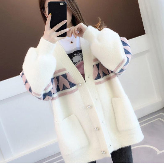 Fall/winter Fashion Top Mid-length Loose Warm Sweater Long Sleeve Knitted Casual Cardigan