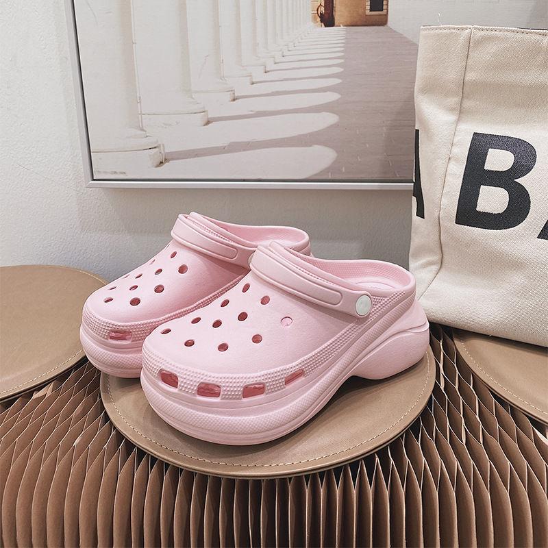 Baotou Slippers Women Wear Thick Soles To Increase Dad Non-slip High-heeled Sponge Cake Hole Shoes Beach Shoes Comfortable and Light