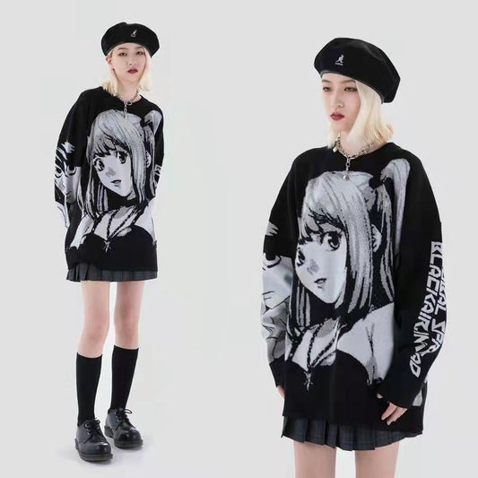 Sweater Men and Women Autumn Tide Brand Round Neck Anime Loose Knit Sweater Men and Women Couples Dark