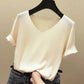 Spring Summer Women's Short Sleeve T-Shirt Female Ice Silk Knit Top V-Neck Loose Large Size Bottoming Shirt