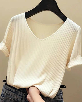 Spring Summer Women's Short Sleeve T-Shirt Female Ice Silk Knit Top V-Neck Loose Large Size Bottoming Shirt