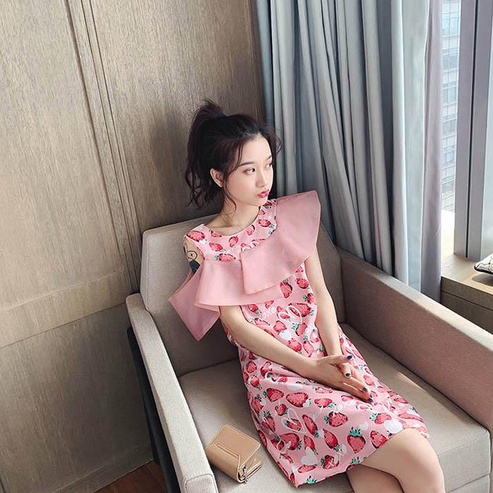 Pofulove Women Round Neck Print Chiffon Dress Loose Off-Shoulder A-line Dresses Short Floral Dress