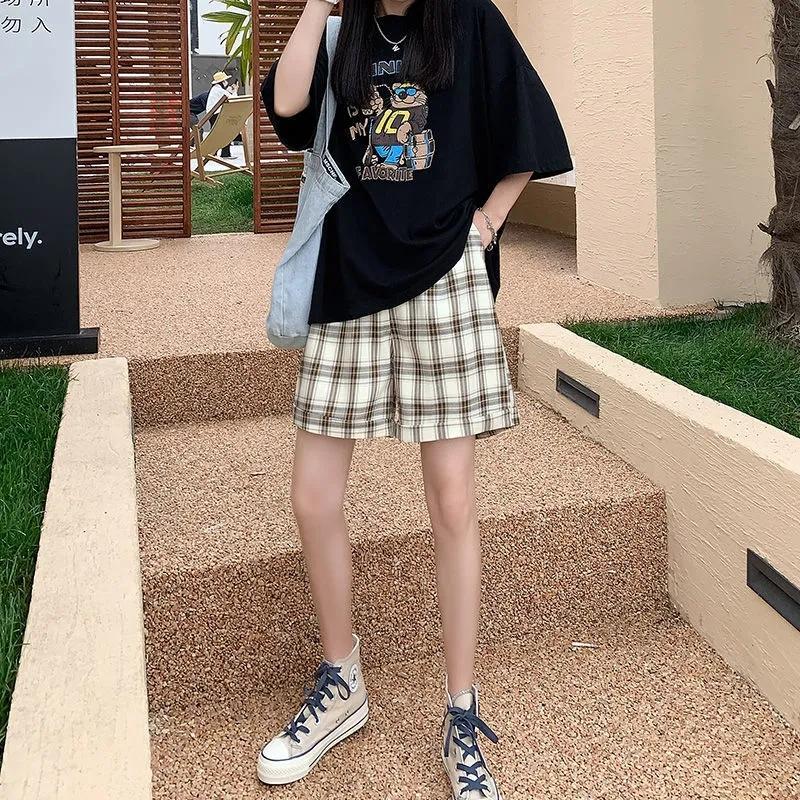 Women's Summer Loose Casual Shorts Ins Plaid All-match Student Sports Short Pants Wide-legged Thin Five-point Pants