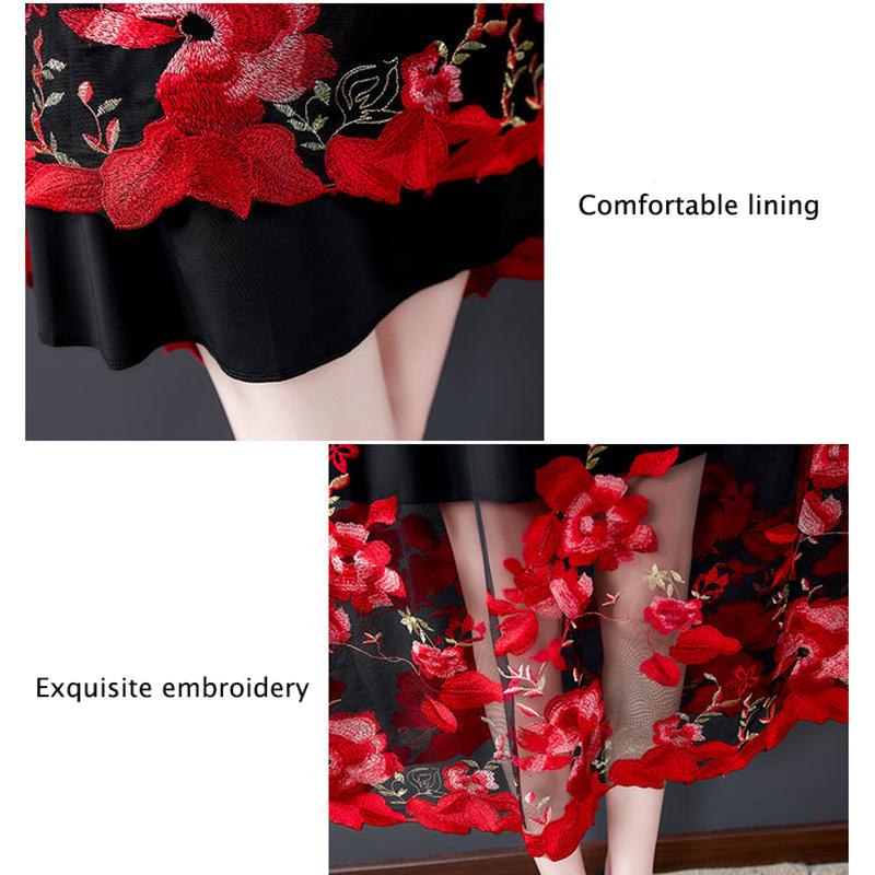 Large Siz M-XXXXL Summer Loose Chiffon Round Neck Exquisite Embroidery Pattern Stitching Mid-length Skirt