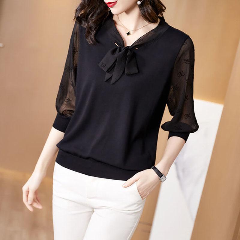 New Chiffon Blouse Office Lady Fashion Tops Sweet Bow Women  Casual Long Sleeve Summer  Pullover