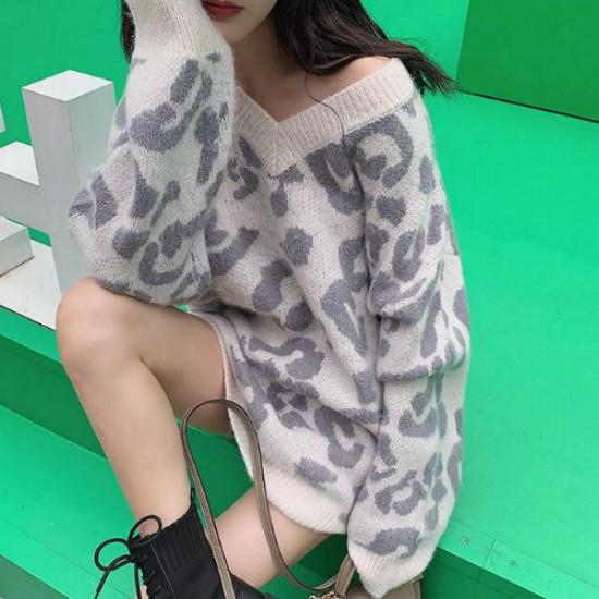 2 Colors Sexy Lady V-neck Leopard Sweater Long Section Knitwears Loose Pullovers Jumpers