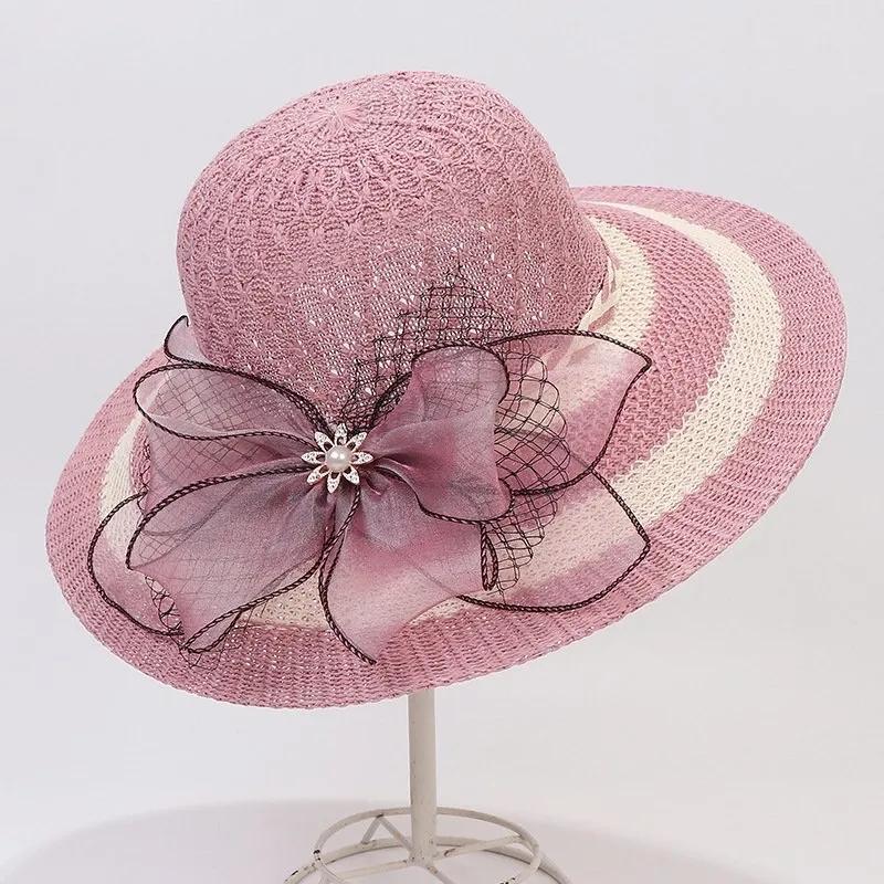 Women's Summer Cotton Linen Knitted Big Brim Sun Hat Beach Bow Ribbon Sunshade Anti-UV Sun Hat Fisherman Hat