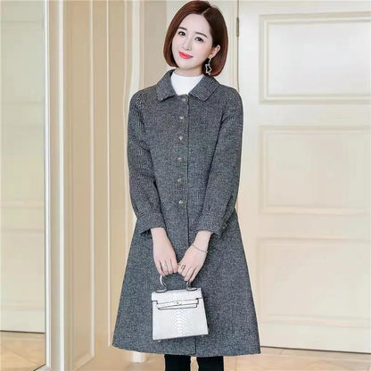 Woolen Coat Women Can't Afford To Ball Mid-length Autumn and Winter Houndstooth Loose Doll Collar Woolen Coat