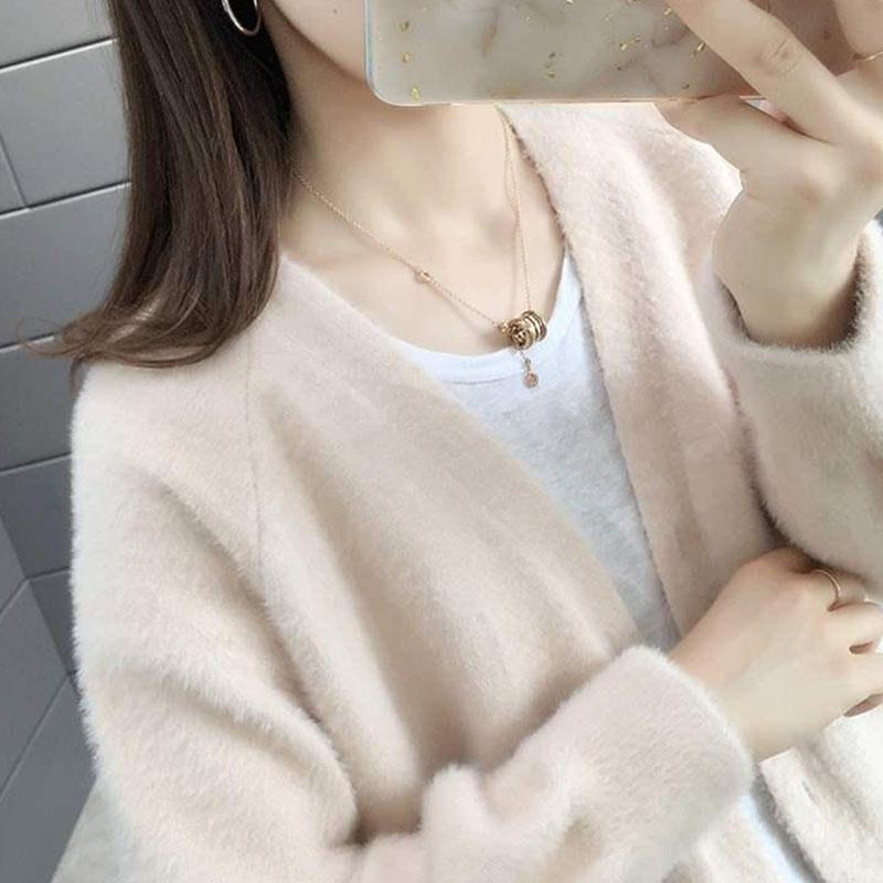 Autumn and Winter Mohair Knitted Jacket Cardigan Simple Casual Sweater Loose Long-sleeved Women's Top