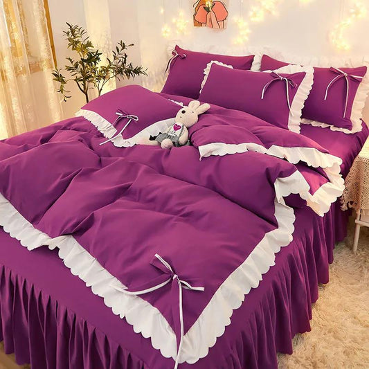 Korean Version of Solid Color Lace Bowknot Bed Skirt Four-piece Bedding Sanding Bed Linen Duvet Cover Double Bed