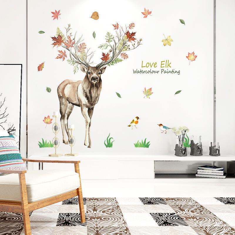 Nordic Elk Cartoon Wall Sticker Room Background Decoration Removable watercolour  painting wallpaper