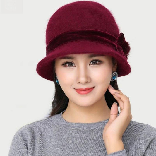 Winter Fashion Hat Ladies Side Flower Decoration Rabbit Fur Knitted Hat Lady Temperament Warm Hat