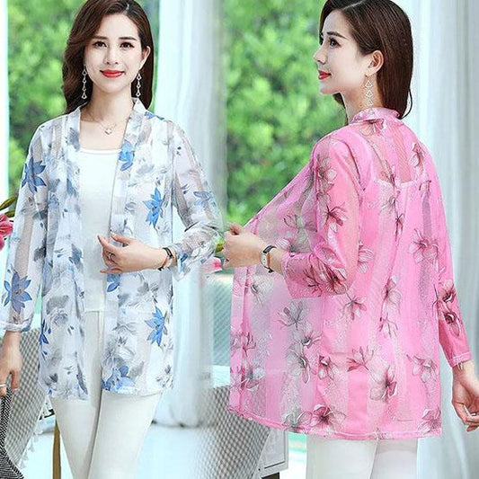 XL-5XL Women's Spring Sun Protection Clothing Nine-point Sleeve Thin Coat Summer Large Size Mid-length Shawl Print Cardigan Tops