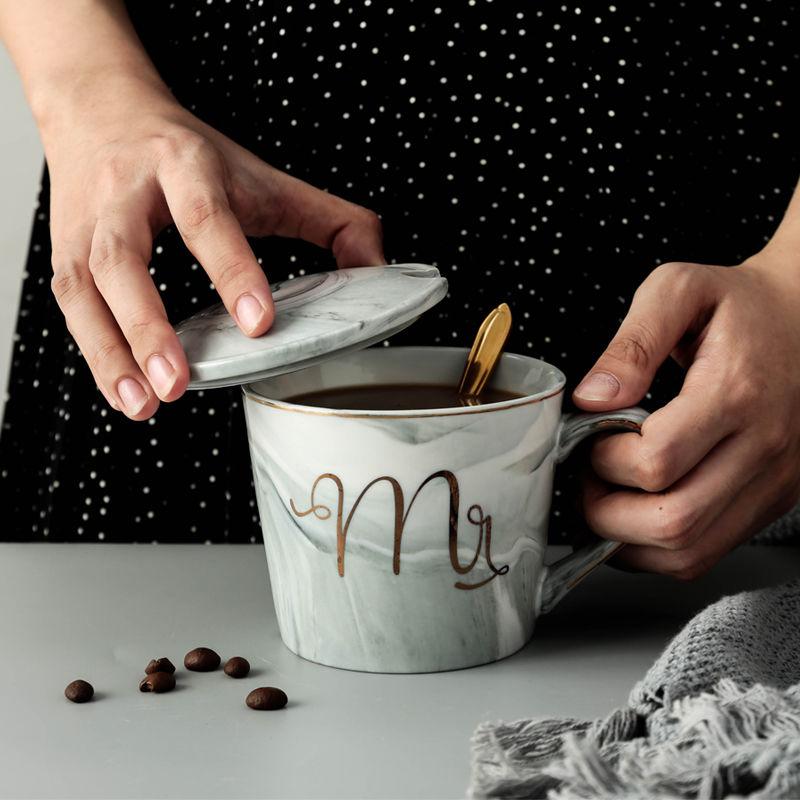 European Style Simple and Creative Personality Ceramic Coffee Cup with Lid Spoon Boys and Girls Office Home Drinking Mark Cup