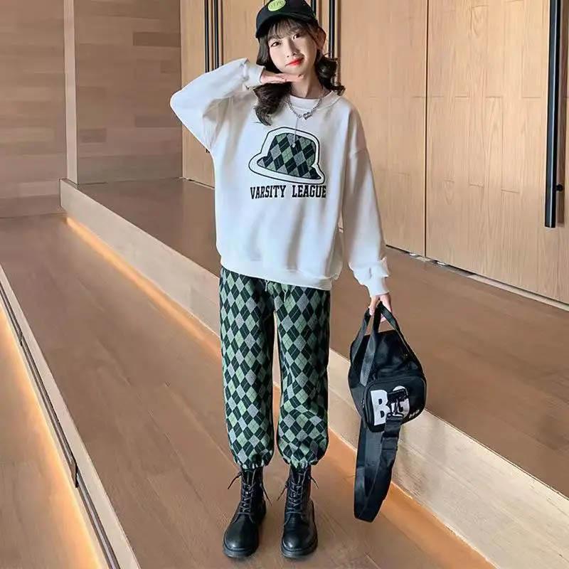 Girls Long Sleeve Suit Spring and Autumn Children's Pullover Sweater Print College Style Loose Pants Casual Fashion Two-piece Set