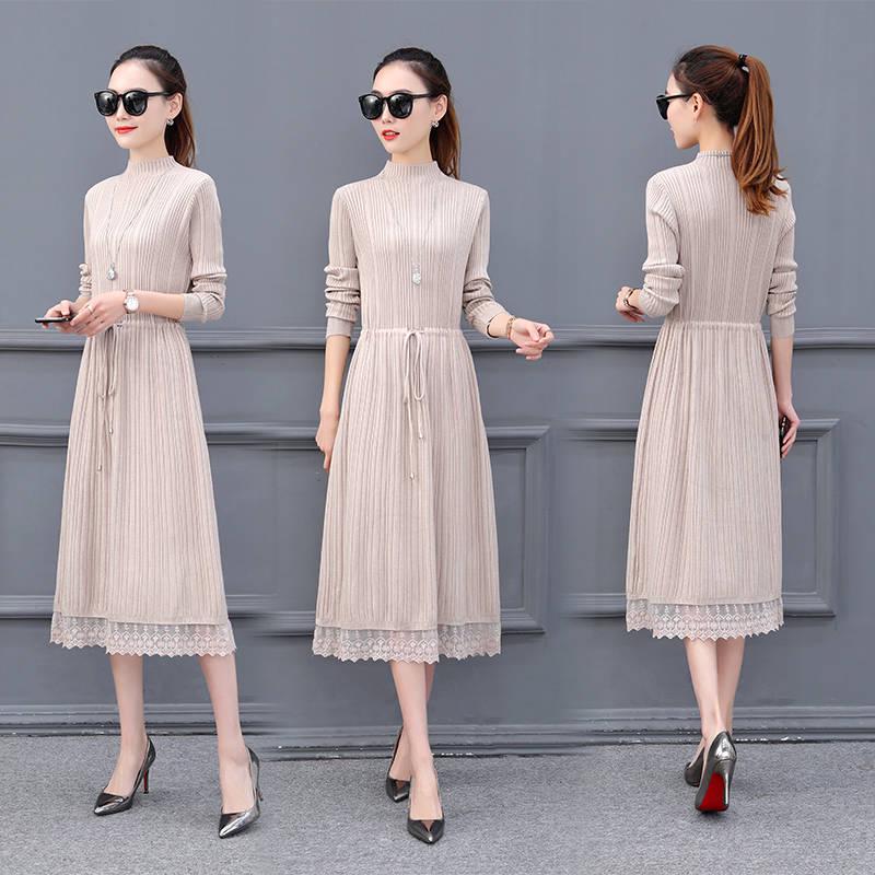 Pofulove 4 Colors Women Solid Color Sweater Dress Soft Long Turtleneck Lace Knitted Skirt Pullover