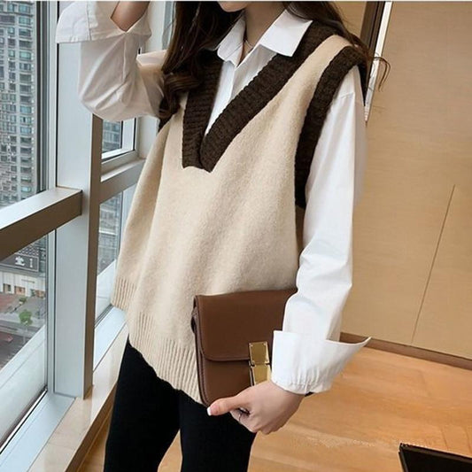 Retro Color Matching V-neck Pullover Sweater Vest Women Loose Sleeveless Vest Top Women Loose Loose Casual Thin Sweater