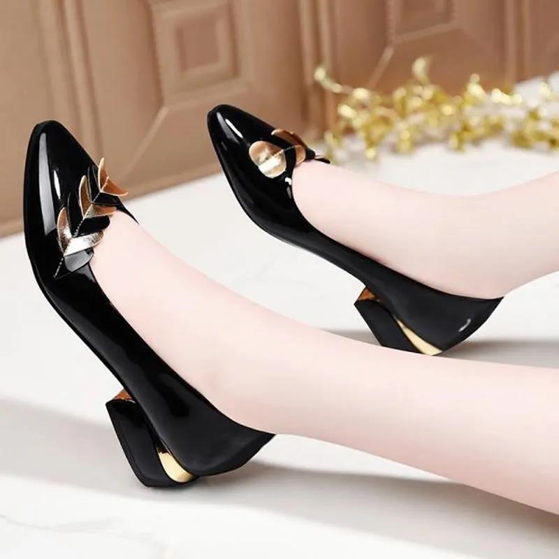 Women's Non-slip Pointed Toe Shoes Low Heel  Soft Sole Thick Heel Work Shoes Pu Leather Shoes Women