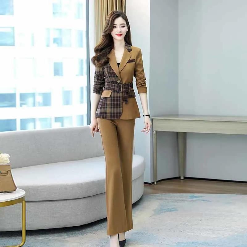 Women Blazer Suit for Spring Autumn Lady Blazer Jacket +Long Pant Female Outerwear Elegant Ladies Coat Plus Size M-3L