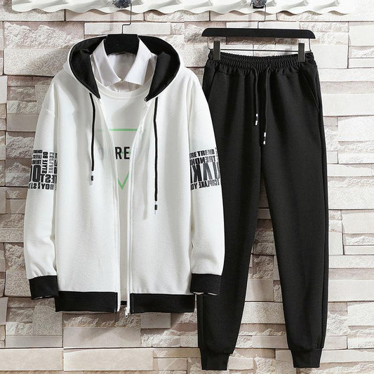 Spring and Autumn Trend Hooded Cardigan Sports Top Trousers Youth Leisure Sports Sweater Student Solid Color Fashion Suit Male