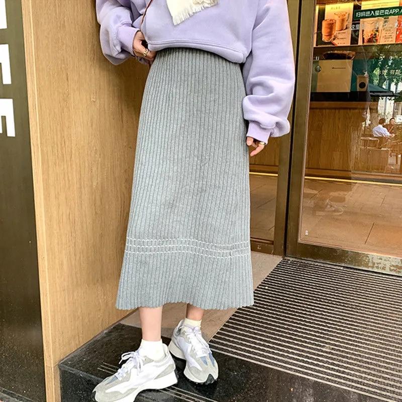 Knitted Skirt Autumn and Winter Women's High Waist Mid-length All-match A-line Skirt Covering Crotch