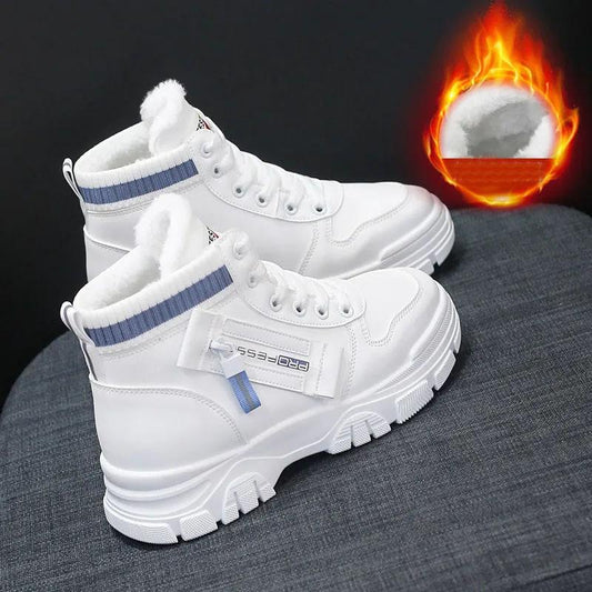 Leather High-top Cotton Boots Women's Shoes Snow Boots Women's Wild Autumn and Winter Plus Velvet White Shoes Women's Cotton Shoes