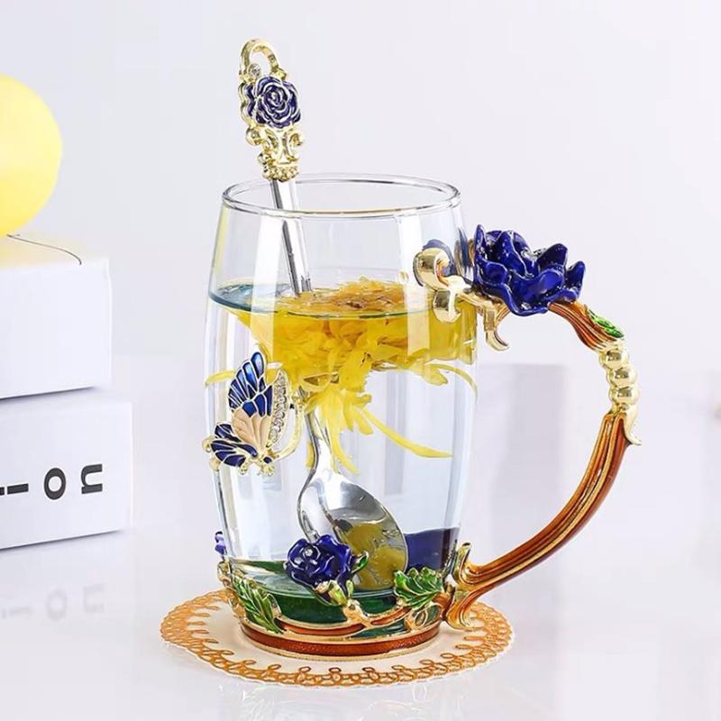 Exquisite 3D Coffee Tea Glass Enamel Cups Butterfly Rose Tea Cup Carved Flower Cup