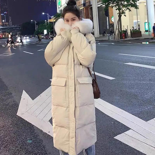 Ladies Down Jacket Winter Fashion Big Fur Collar Hooded Jacket Thick and Cotton Warm Mid-length Jacket