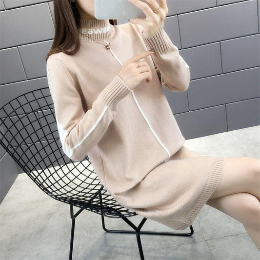 Autumn and Winter Half-high Neck Mid-length Sweater Dress Loose Casual Dress Fashion Knitted Women's Base Dress