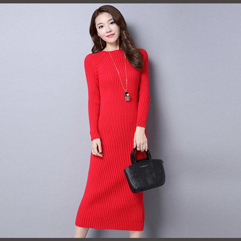 Elegant Women Midi Dress Autumn Long Sleeve Stretch Dresses Ribbed Knitted Robe Office Ladies