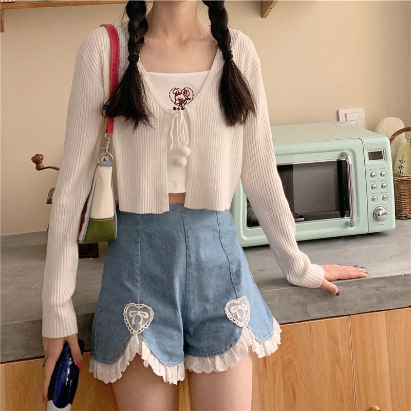 WTEMPO Lace High Waist Denim Shorts Women Student Loose Spring and Summer Wide Leg A-line Thin Casual Shorts