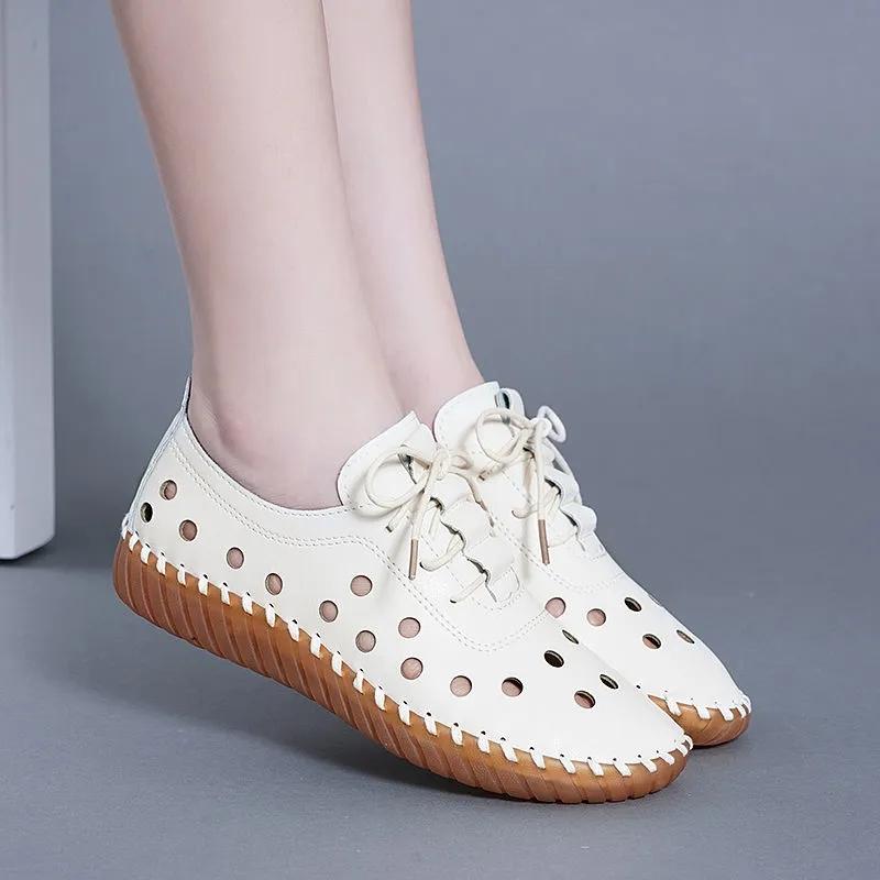 Women's Summer Soft Leather Hollow Shoes Hole Shoes Tendon Bottom Sandals Flat Casual Shoes Soft Bottom Comfortable Mother Shoes