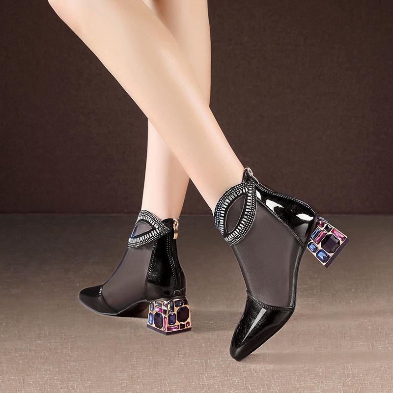 Plus Size 34-41 Women All-match Shiny Slippers Outdoor Diamond High Heels Bohemian Beach Wear-resistant Non-slip Breathable Slippers Gauze Sandals