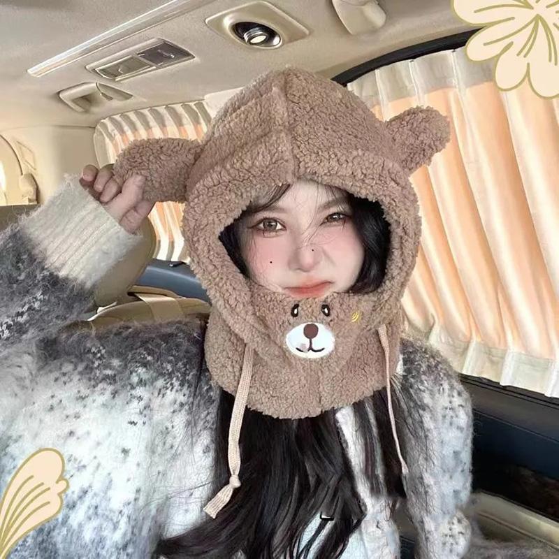 Women's Cute Bear Hat Winter Korean All-match Headgear Riding Scarf Warm Mask Bib Integrated One Piece Ear Face Protection Cartoon Caps Warm Hats