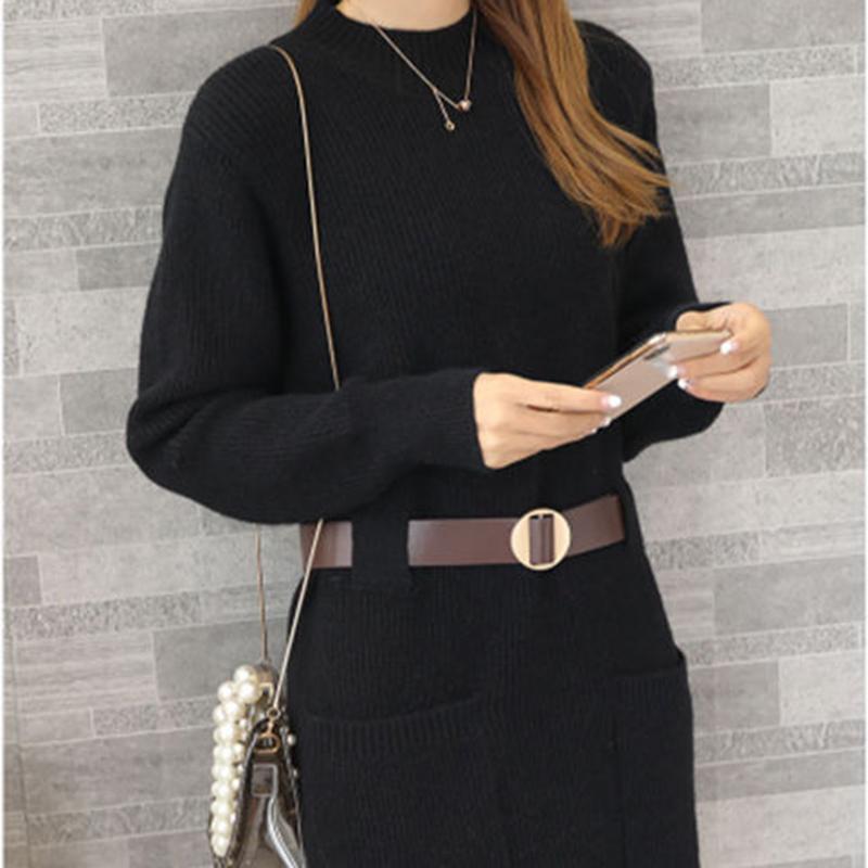 Korean Style Loose Outer Wear Mid-length Sweater Women Waist Slim Half Turtleneck Long Sleeve Autumn  Winter Base Sweater Dress