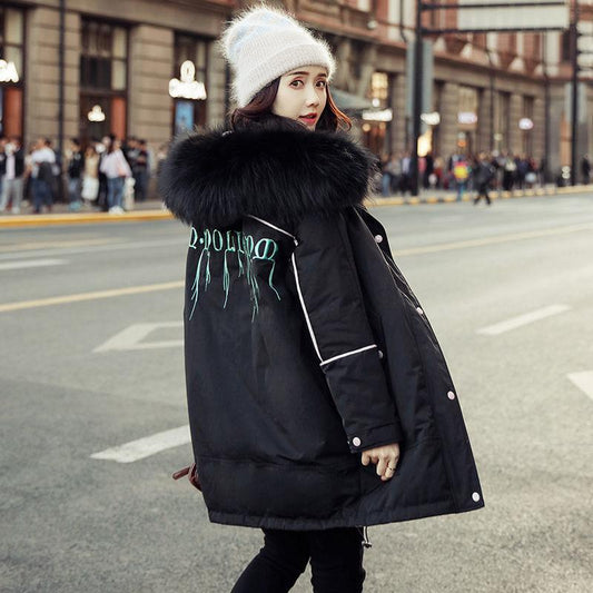 Black Women's Down Padded Jacket Fashion Mid-length Thick Loose Down Padded Jacket Big Fur Collar Warm Parker Clothing