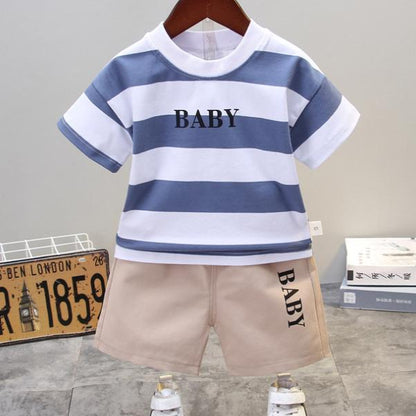 Summer Korean Short Sleeve Children's Suit Boys' and Girls' 0-4-year-old Round Neck Striped T-shirt Shorts Two-piece Children's Suit