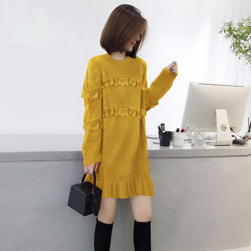 Autumn and Winter Fashion Knitted Bottoming Skirt Mid-length Solid Color Casual Dress Long-sleeved Lace Female Sweater Dress