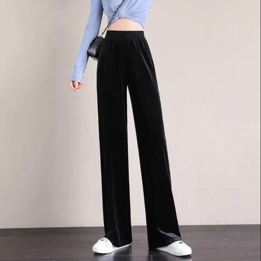 WTEMPO Women's High Waist Soild Color Trousers Wide-leg Pants Super Long Straight Loose Casual Elastic Waist