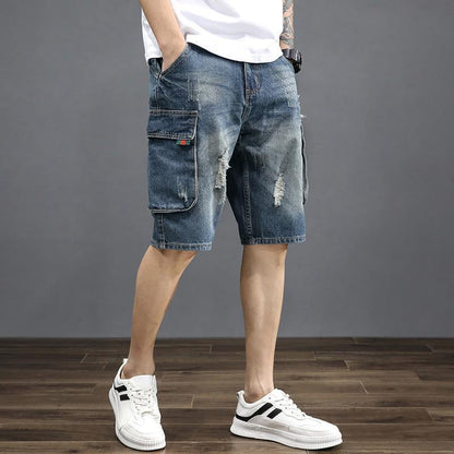 Summer Thin Five-point Jeans Men's Loose Multi-pocket Men's Casual Ripped Shorts