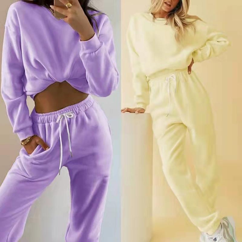 2PCS Women's Sport Suit Round Neck Long-sleeved Sweater Plus Velvet Thickened Two-piece Autumn and Winter Loose Trousers Suit Solid Color Sweat Suits