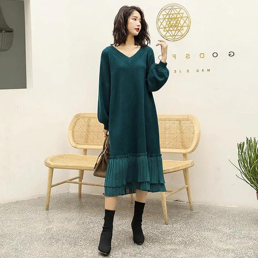 Knit Dress Female Autumn and Winter Long-sleeved Temperament V-neck Loose Long Slim Simple Sweater Skirt Bottoming Inner Wear