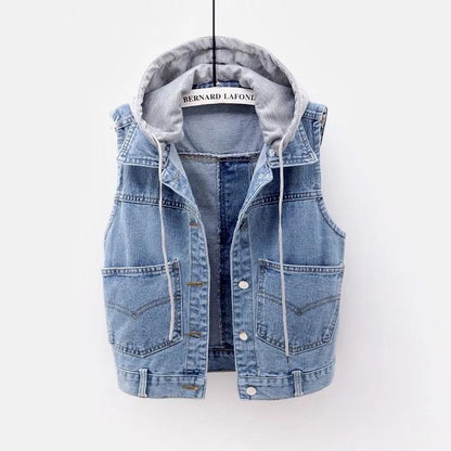 Cowboy Vest Women Short Jacket Women Spring and Autumn Korean Version of The Wild Hooded Jacket Big Pocket Vest Vest Women