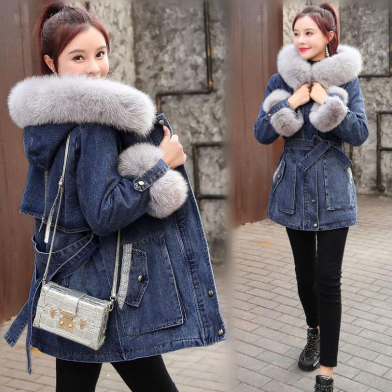 Ladies Winter Jacket Cashmere Thick Denim Hooded Coat with Big Fur Collar Parka